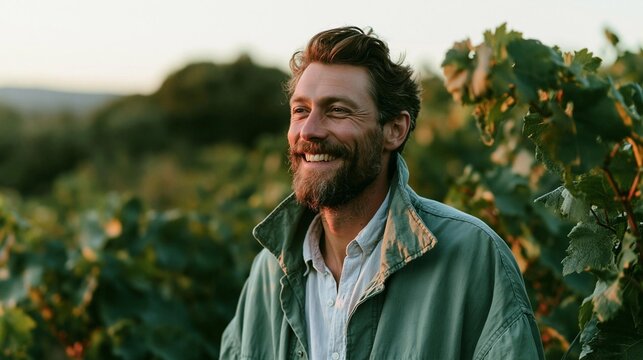 Portrait of a man standing in a vineyard. he is wearing a green jacket and has a beard and mustache. he has a big smile on his face and is looking off to the side.
