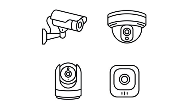 Four black and white security camera icons featuring sleek line art on a clean background