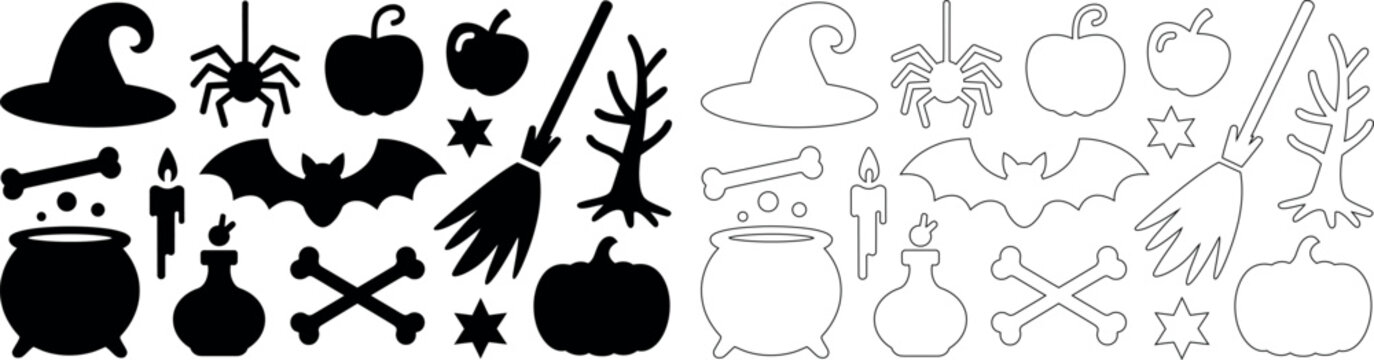 Halloween icons set including witch hats broomsticks bats and pumpkins