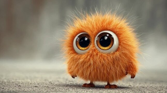 A cute orange creature with big eyes stands on a surface in a blurred background.