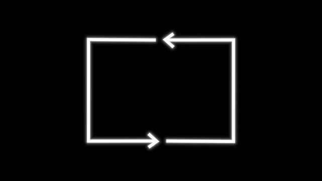 Animated glowing rectangle with arrow path loop. Dotted Rectangle arrow symbol sign isolated on black background.
