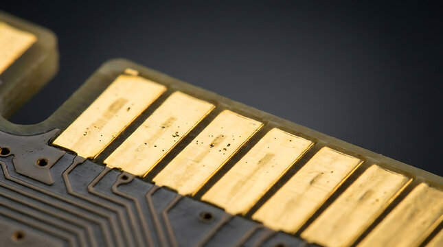 Macro detail of a RAM memory chip architectural scene showing gold plated pins on a circuit board