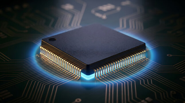 Close-up image of a glowing central processing unit (CPU) or RAM memory chip on a circuit board