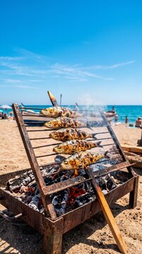 Traditional Spanish grilled sardine skewers cooked over open fire with copy space