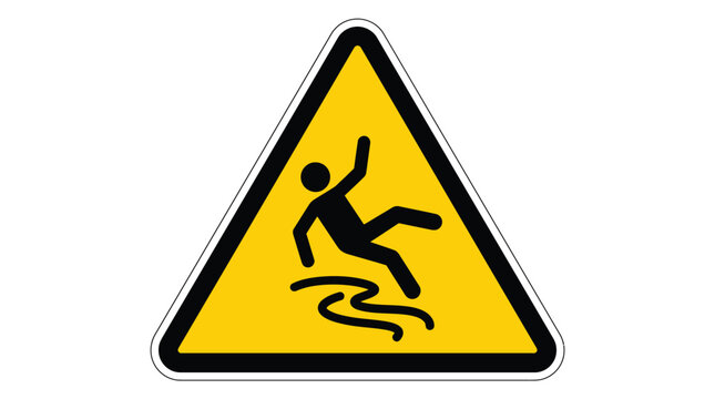 Bright yellow triangular caution sign featuring a black silhouette of a person slipping on surface