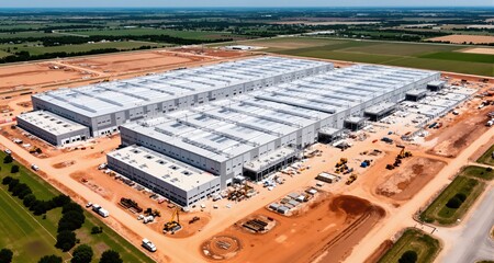 Aerial view of the construction of a massive AI data center campus with 400 million square feet hosting and 600MW capacity in Hutto Texas 