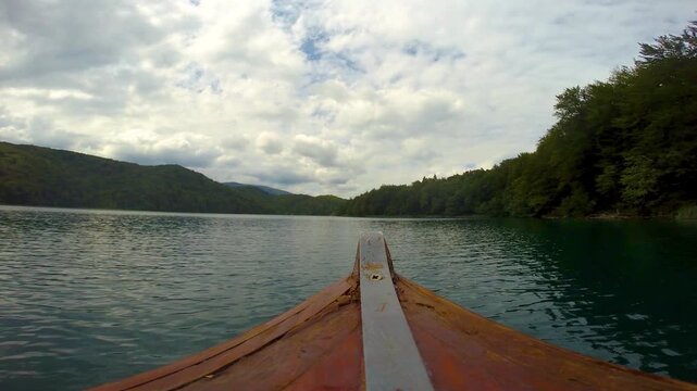Point of view of a small boat cruising on the Plitvice Lakes in the Plitvice lakes National Park, Croatia