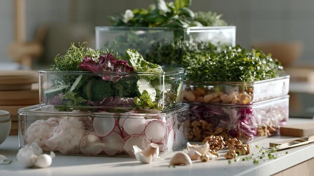 Three transparent plastic containers filled with different types of food. the containers are stacked on top of each other on a kitchen countertop.