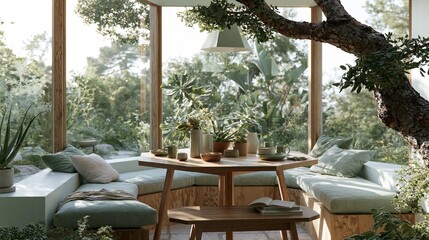 Fototapeta premium Cozy outdoor seating area with a wooden table in the center. the table is surrounded by a wooden bench with green cushions and a wooden coffee table in front of it.