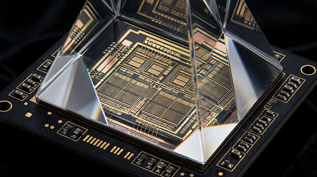Close-up geometric pyramid structure of a RAM memory chip mounted on a circuit board