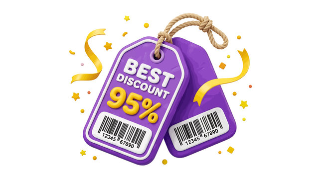 Vector illustration of 3d render of purple price tags with 95 percent discount on a transparent background