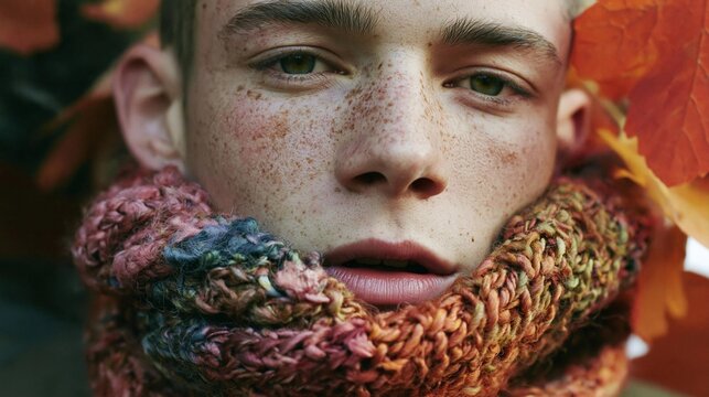 Close-up portrait of a young man's face. he is looking directly at the camera with a serious expression. his face is covered in freckles and his eyes are a piercing green color.