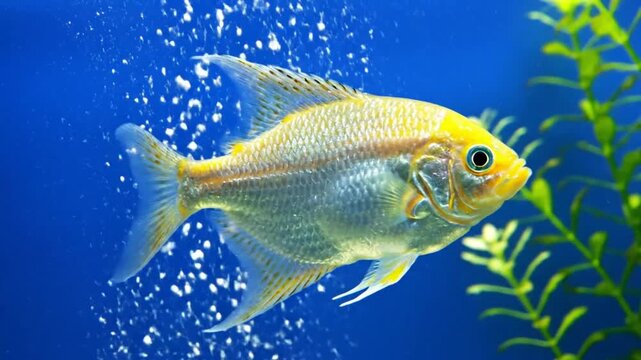 Beautiful close up view of a golden fish swimming in a freshwater aquarium with bubbles and plants