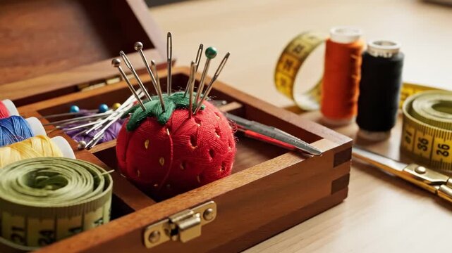 A wooden box holds a vibrant tomato pincushion filled with needles and colorful spools of thread alongside metal scissors and measuring tapes for professional tailoring or creative handmade