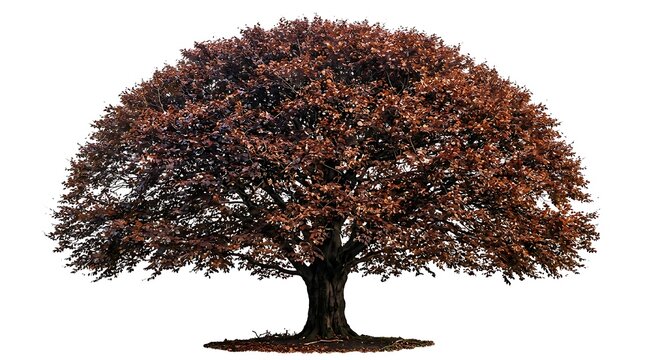 Majestic copper beech tree with dense autumn foliage isolated on a clean white background for professional nature design