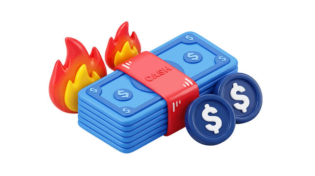 Vector illustration of 3d render of a stack of blue dollar bills with fire and coins on a transparent background