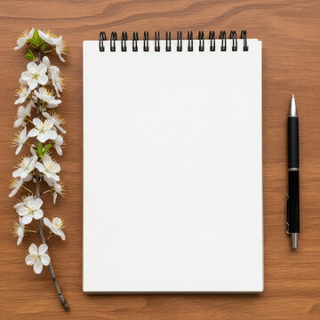 Blank spiral notebook with a pen and white flowers on a wooden table