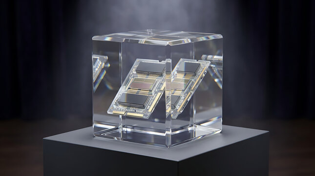 Futuristic Computer RAM Memory Chip Encased in a Transparent Crystal Display Block