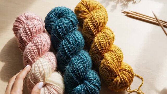 A hand touches soft skeins of pink teal and mustard wool yarn arranged with bamboo needles for a creative hobby project that brings warmth and texture to the handmade knitted fabric craft hobby