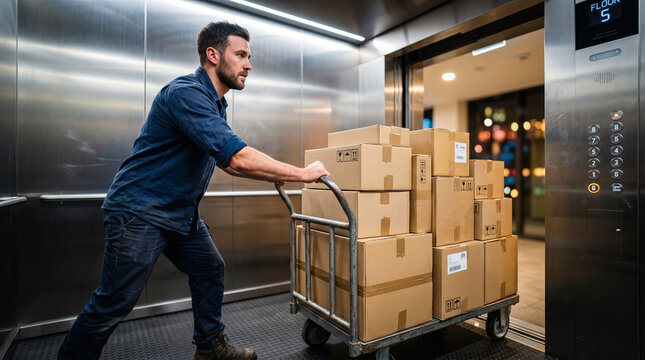 Delivery man moving heavy cardboard boxes on trolley inside metal elevator. Professional courier transporting parcel package in office building. Logistic service and shipment delivery