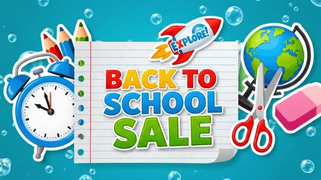 Back to school sale animation background with 50 percent off tag school supplies and bubbles on blue backdrop