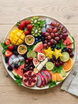 Colorful fruit platter with various exotic fruits and berries