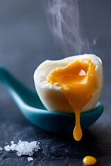 Fototapeta premium Runny egg yolk oozing from soft-boiled egg on ceramic spoon