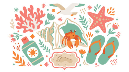 Fototapeta premium Beach and summer vector icons with flip flops, sunscreen bottle and starfish for vacation flyer design in bright colorful style