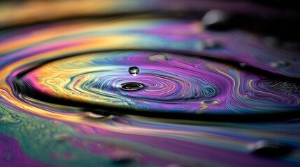 Fototapeta premium Macro droplet impact ripple in iridescent oil and water swirl