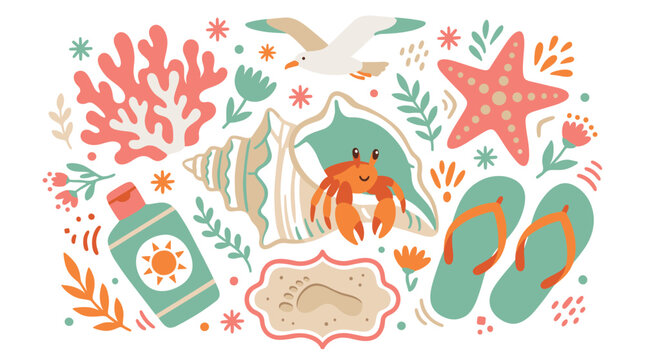 Beach and summer vector icons with flip flops, sunscreen bottle and starfish for vacation flyer design in bright colorful style