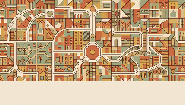 Minimalist map design with geometric urban blocks and winding roads in retro earth colors.