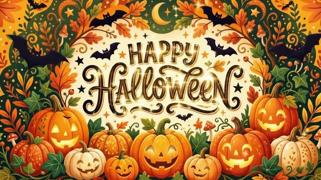 Happy Halloween greeting card with smiling carved pumpkins and bats. Spooky holiday illustration for seasonal celebrations and decorations