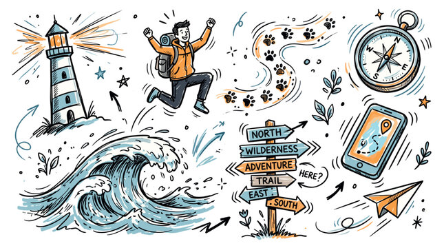 Adventure and outdoor vector icons with lighthouse, compass and backpacker for travel app design in colorful hand drawn style
