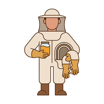 Beekeeper in protective white suit holding honey.
