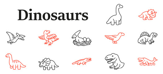 Dinosaurs set icon. Pterodactyl, triceratops, tyrannosaurus, spinosaurus, aquatic reptile, prehistoric wildlife, fossil era creatures, ancient zoology illustration collection. © Кирилл Макаров