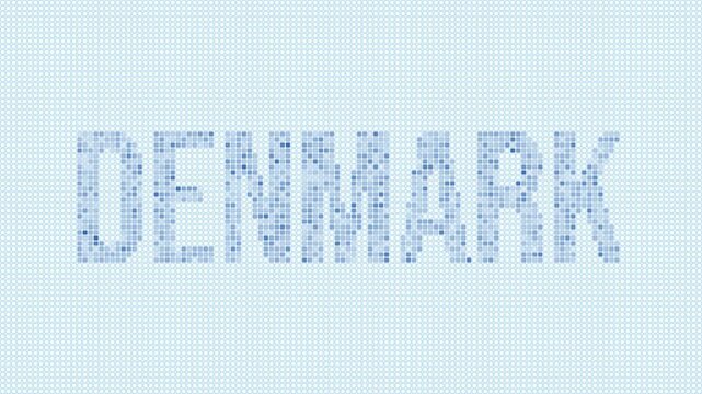 Denmark dotted map animation. Digital style shape of the country. Denmark shape and title dots appear with bulb flickering effect. Intro, outro, logo, title video.