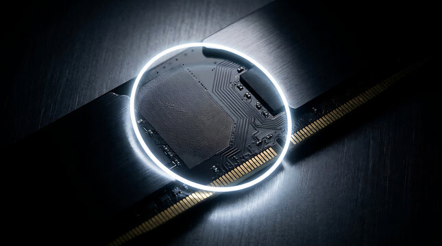 High performance computer hardware featuring a detailed RAM memory chip in reflection with futuristic glowing ring light