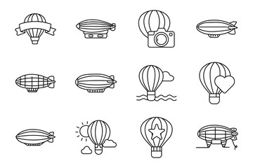 Air transport set icon. Airship, balloon, aircraft, aviation vehicle, flying tourism, passenger navigation, airborne adventure, retro transportation, sky exploration equipment. © Кирилл Макаров