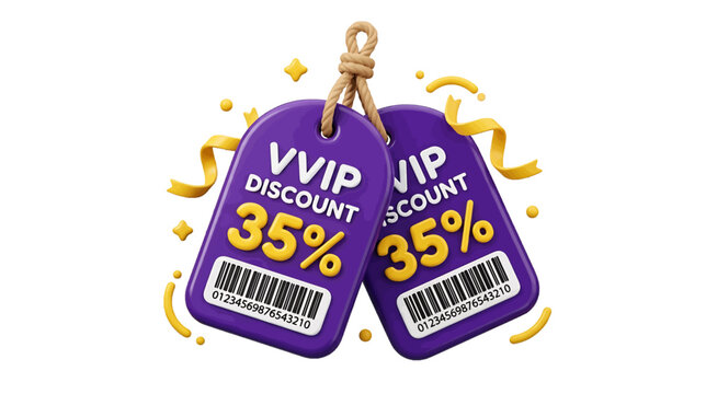 Vector illustration of 3d render of two purple vvip discount tags with 35 percent off on a transparent background