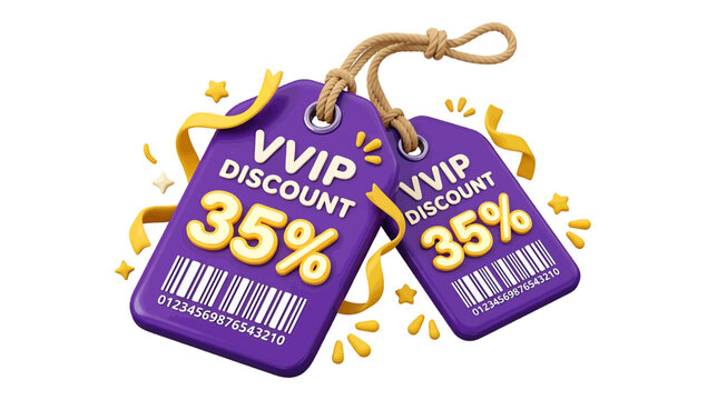 Vector illustration of 3d render of two purple vvip discount tags with 35 percent off on a transparent background