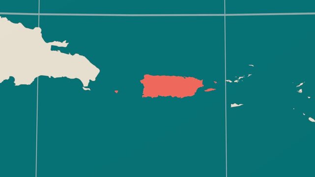 Puerto Rico map. Animated zoom into the country on the Globe in Teal Pale Mint color palette. Country logo animation. Map with meridians, parallels. Modern video.