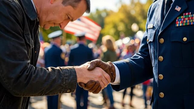 Civilian man shaking hands with air force officer at veterans day event. Patriotic gathering with american flags and military medals. Gratitude and unity in service appreciation
