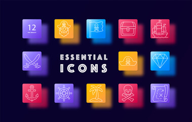 Pirate adventure set icon. Buccaneer portrait, danger banner, treasure container, sailing vessel, crossed sabers, tropical island, nautical steering, gemstone reward, navigation parchment. © Кирилл Макаров