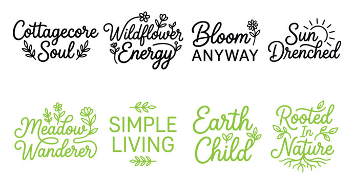 Set of cute cottagecore typography quotes and floral lettering designs for nature and meadow inspiration Minimal Typography text bundle collection. Editable Vector Illustration Mega pack
