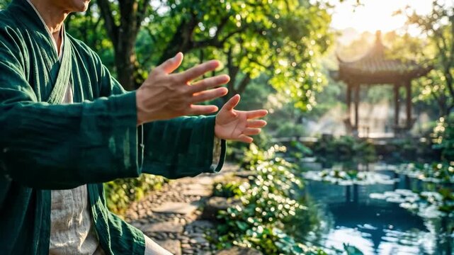 Elderly Asian man practicing Tai Chi in serene Chinese garden. Hands in flowing martial arts motion by pond with lotus flowers. Zen meditation and harmony with nature for wellness and mindfulness