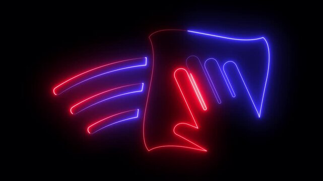 glowing neon hand with wipe, home cleaning icon isolated on black background. featuring cleaning hand with cloth, surface cleaning, housekeeping service, home care, sanitation symbol design. 4k video.