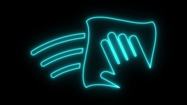 glowing neon hand with wipe, home cleaning icon isolated on black background. featuring cleaning hand with cloth, surface cleaning, housekeeping service, home care, sanitation symbol design. 4k video.