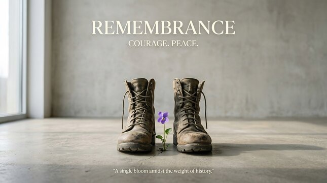 Muddy combat boots with purple flower symbolize remembrance, courage, and peace in a serene room.