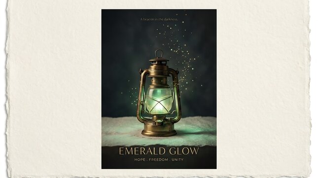 Brass lantern with emerald green glow on ivory surface, mystical ambiance and stars.