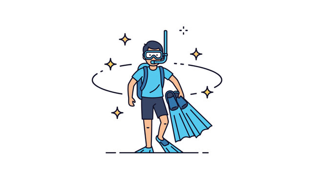 Happy cartoon scuba diver holding professional swimming flippers and wearing an underwater snorkeling mask device.